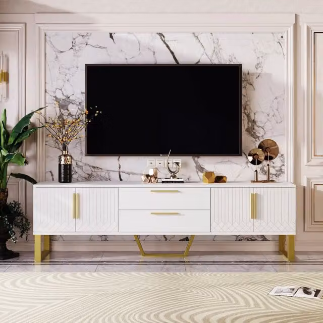 Mobile TV Bianco Lucido 170 cm con 4 Ante e Cassetti; Dettagli Dorati; per TV 60-69 Pollici