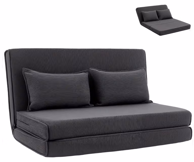 Divano a pavimento - Divano letto 3 in 1 - Schienale regolabile - 2 cuscini - Rivestimento in velluto - Struttura in metallo - Grigio scuro - 135 x 208 x 13 cm