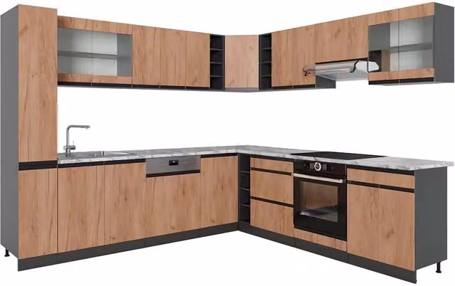 Cucina angolare completa R-Line Vicco in Rovere dorato e Antracite, modello J-Shape con piano in marmo, dimensioni 277 x 257 cm
