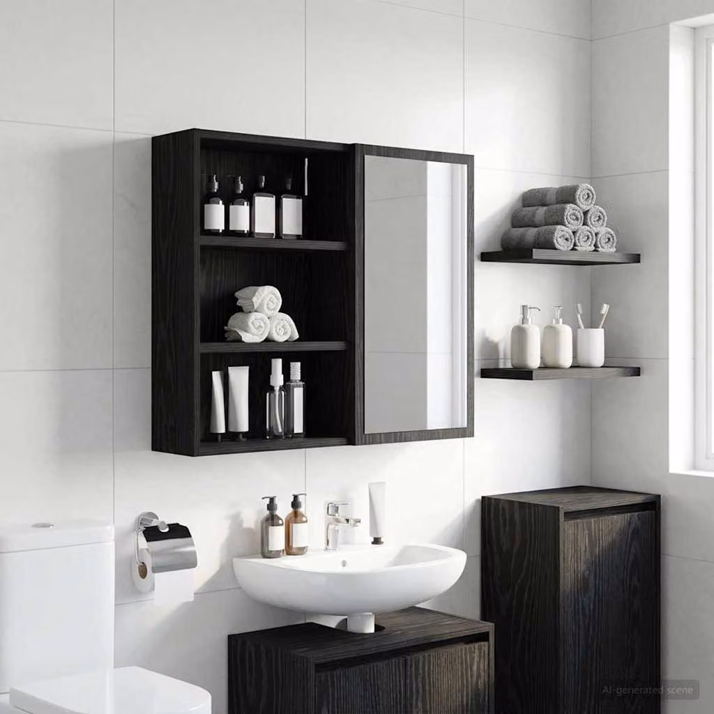 Armadio da bagno a muro vidaXL in rovere e nero con ripiani interni, L: 40 cm, P: 16 cm, H: 62,5 cm