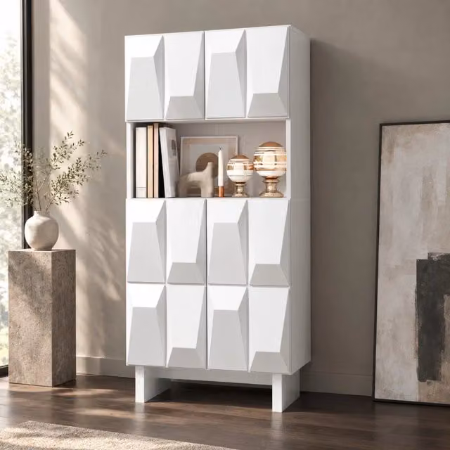 Vetrina con 4 ante e vano aperto, ripiano regolabile, in truciolare bianco per soggiorno e studio, 60.5 × 34 × 135.5 cm