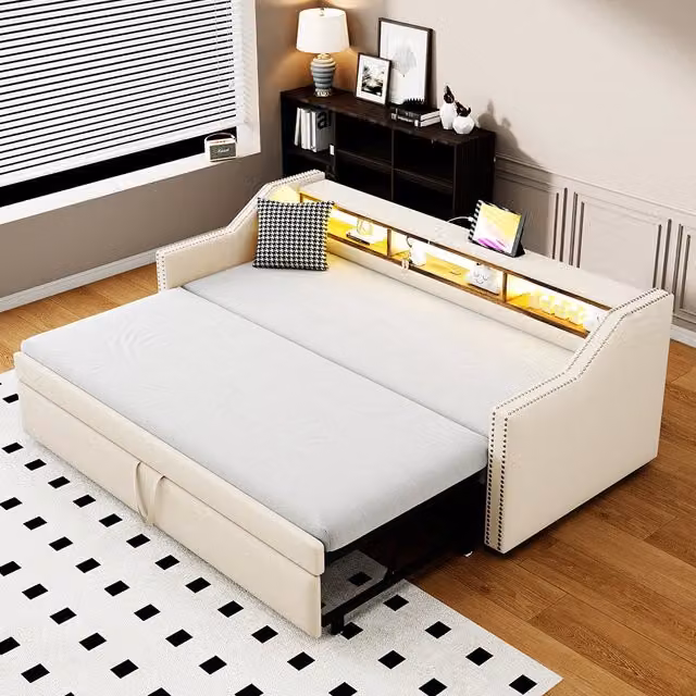 Divano letto - Xylo - 90/180x190 cm LED USB beige