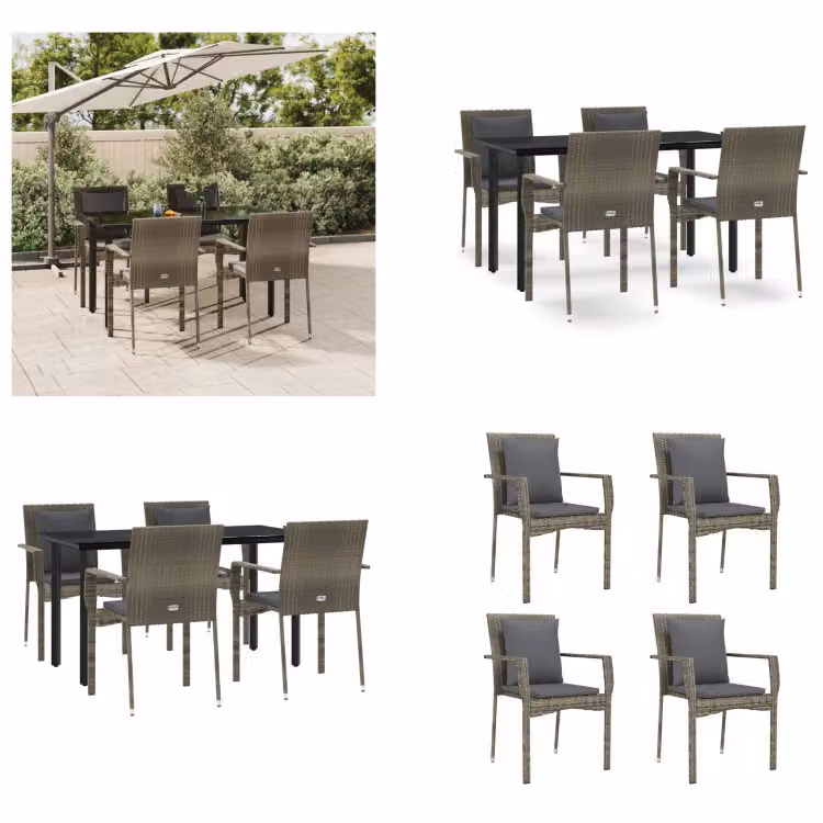 vidaXL Set da pranzo da giardino 5 pezzi con cuscini in poly rattan nero e grigio - Set da pranzo da giardino - Set da pranzo da giardino - Set da pranzo da terrazza