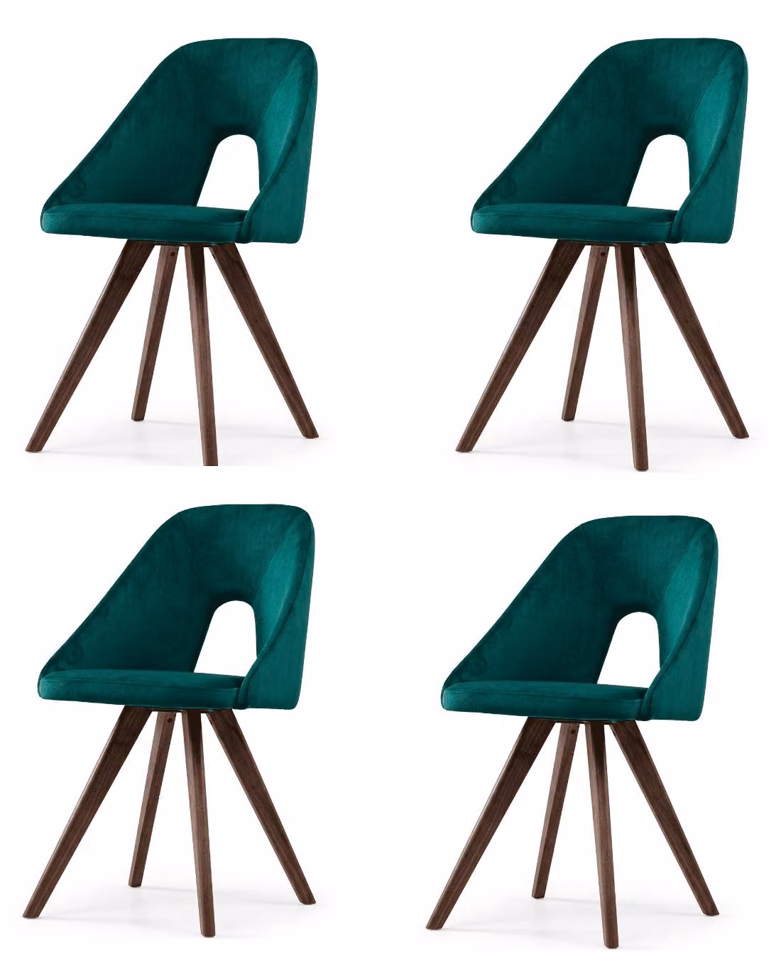 Set di 4 eleganti sedie da pranzo, colore verde, rivestite in velluto, struttura in legno, imbottite,