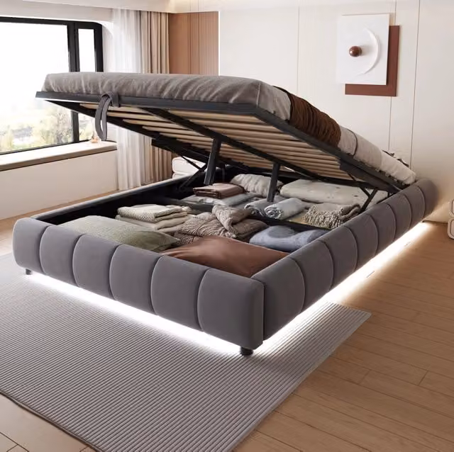 Letto imbottito 140x200 cm grigio in flanella - vano contenitore con LED