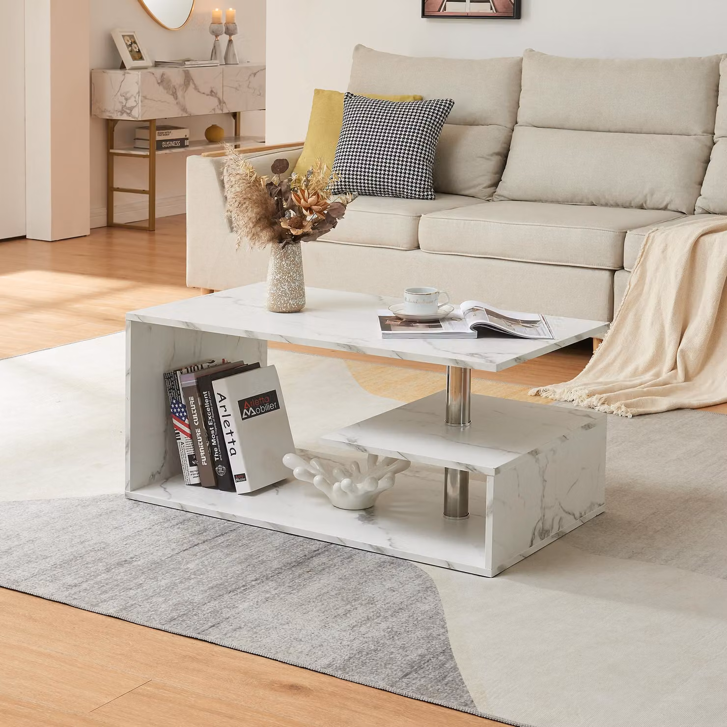 Tavolino 'Haarlem' Tavolo da soggiorno 90 x 50 x 41 cm aspetto marmo, bianco