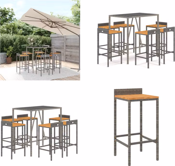 vidaXL Set bar da giardino 7 pezzi in poly rattan grigio e legno massiccio di acacia - Set bar da giardino - Set bar da giardino - Set bar da giardino - Bar da giardino
