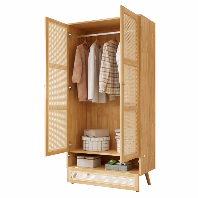 Armadio con barra, armadio a 2 ante, camera da letto, rete in rattan, soggiorno, con coperchio inferiore ribaltabile, truciolato+PE rattan, naturale,