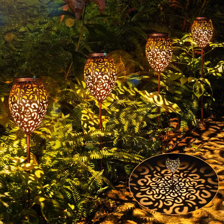 Set di 4 lampade solari, grado di protezione IP65, luce bianco caldo, metallo, stile vintage, decorazione per giardino