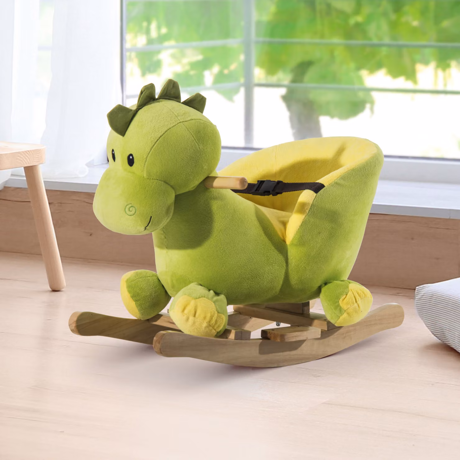 Cavallo a dondolo per bambini HOMCOM a forma di dinosauro in legno con cintura di sicurezza, verde e giallo – 2