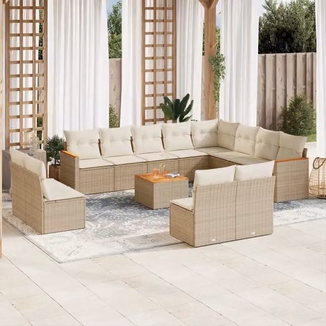 Set Divano da Giardino vidaXL a forma a U composto da 13 pezzi con Cuscini Beige e Tavolino, Struttura in Metallo e Polyrattan per Terrazza e Giardino