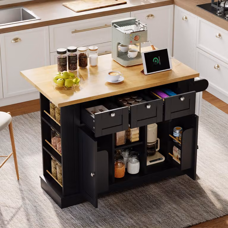 Tavolo da cucina mobile Sweiko da 132 cm, stile country, piano di lavoro pieghevole, armadio multifunzione, cassetto, portaspezie, portasciugamani, 5 rotelle, presa di corrente integrata, cucina/pranzo/casa