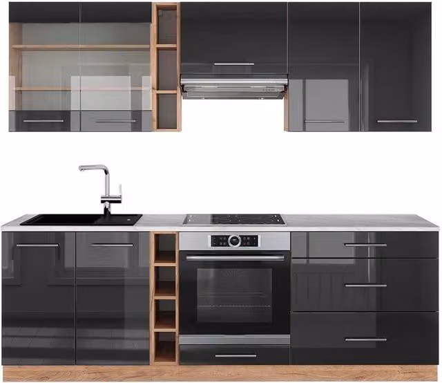 Cucina componibile moderna Fame-Line Vicco in antracite lucido e rovere dorato, L: 235 cm
