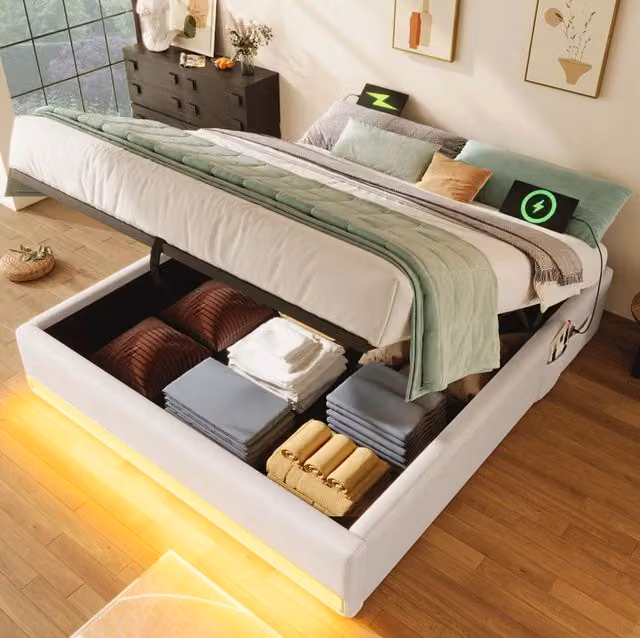 Letto imbottito 140x200 cm con contenitore idraulico; LED multicolore; USB e Type-C; beige