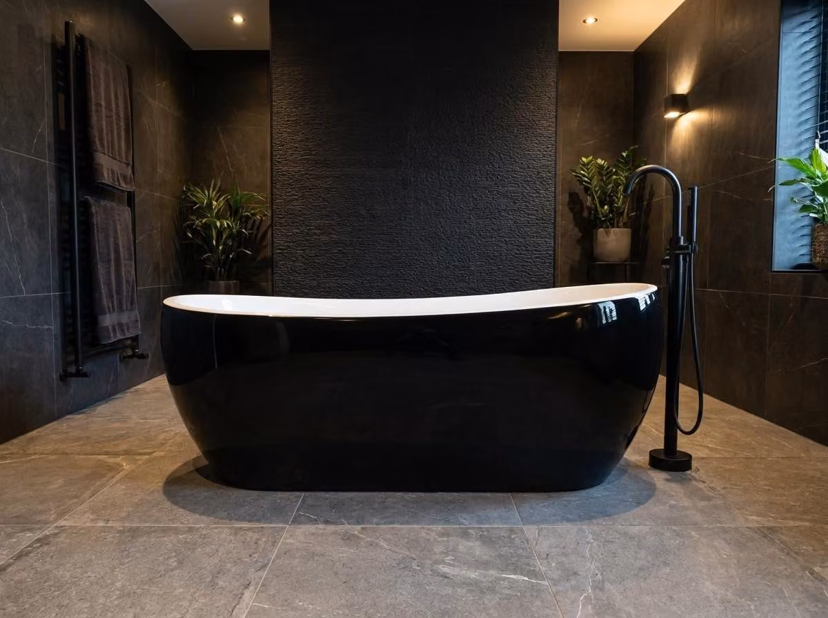 Vasca da bagno freestanding moderna da 170 cm in composito bianco e nero senza piedini con dettagli dorati — Vasca da bagno moderna Melania a pavimento