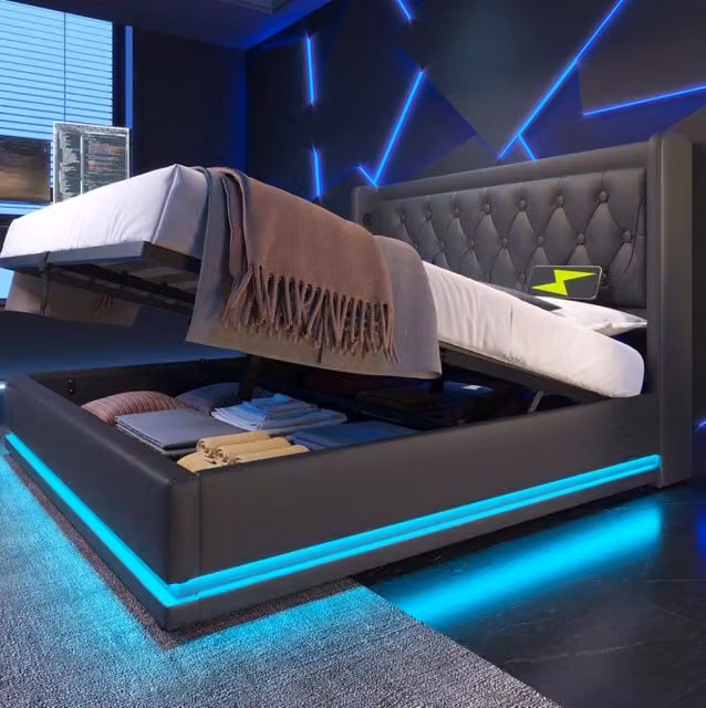 Letto matrimoniale 140x200 cm con contenitore idraulico; LED; USB e Type-C; PU nero
