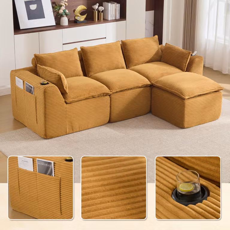 Divano componibile LVHOM a 3 posti in velluto, divano a L con portabevande e tasche laterali, divano grande, 256 cm, giallo