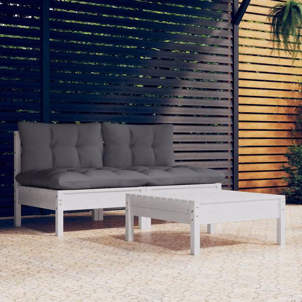 Set da giardino moderno vidaXL composto da divano a 2 posti e pouf con cuscini in tessuto antracite e struttura in legno di pino trattato