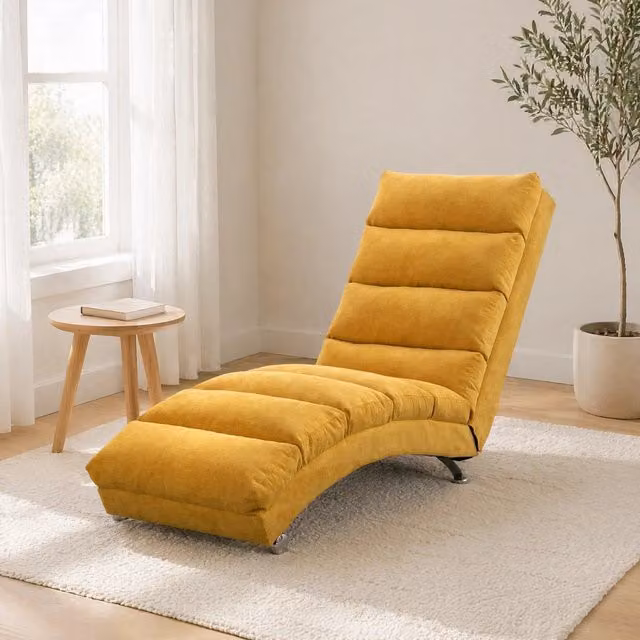 Desviae Chaise longue fissa con vibrazione delicata e tasca laterale in lino giallo senape con schienale ergonomico