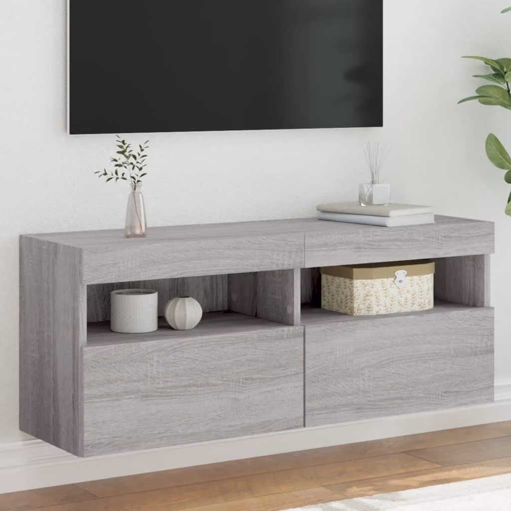 Mobile TV a parete vidaXL con luci LED integrate, Grigio Sonoma, L: 100 cm, P: 30 cm, H: 40 cm