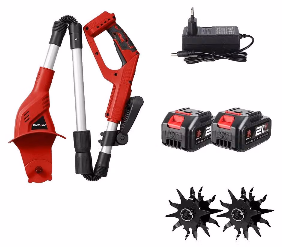 Coltivatore elettrico, motore brushless, design compatto, 2 batterie, caricabatterie compatibile con prese EU, alimentazione 220V-240V, spina di tipo C (standard europeo)