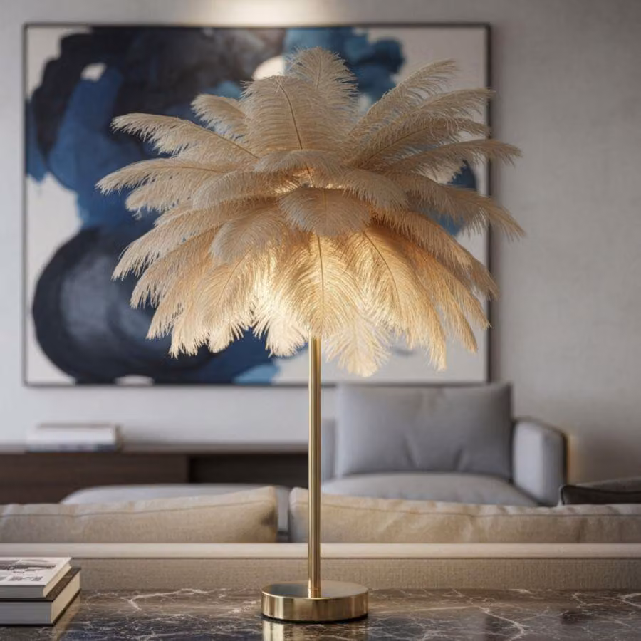 Lampada da tavolo Palme, modello "Federschirm", in ferro dorato, motivo cammello, dimensioni 55x60 cm, design di Mauro Ferretti