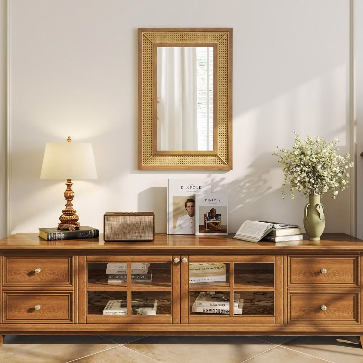 Specchio da parete rotondo Costway in rattan e legno marrone stile bohemien L: 90 cm, H: 60 cm