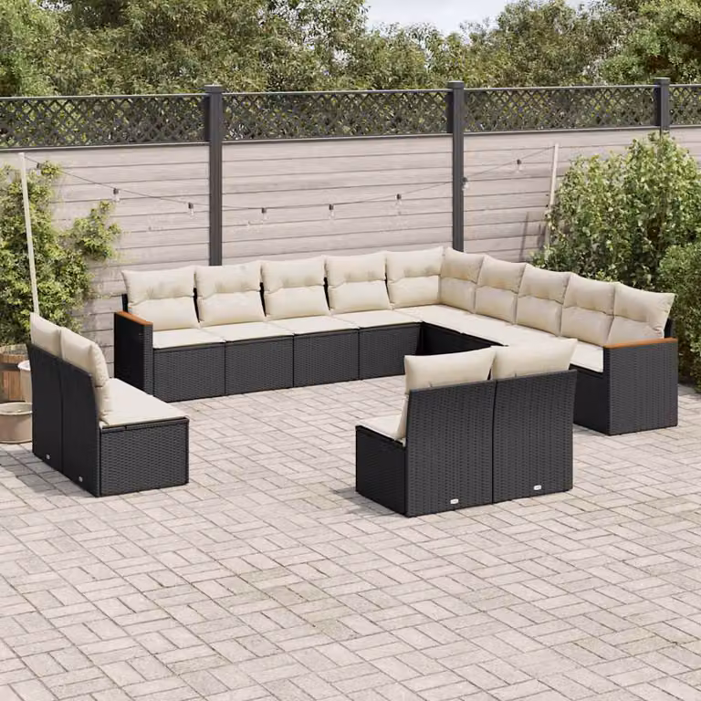 Set di divani da giardino vidaXL a forma di U composto da 13 pezzi con cuscini in polyrattan nero e struttura in legno di acacia