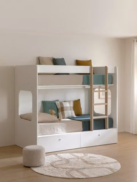 Letto a castello moderno Kenay Home per bambini con cassetti e scala, bianco e rovere