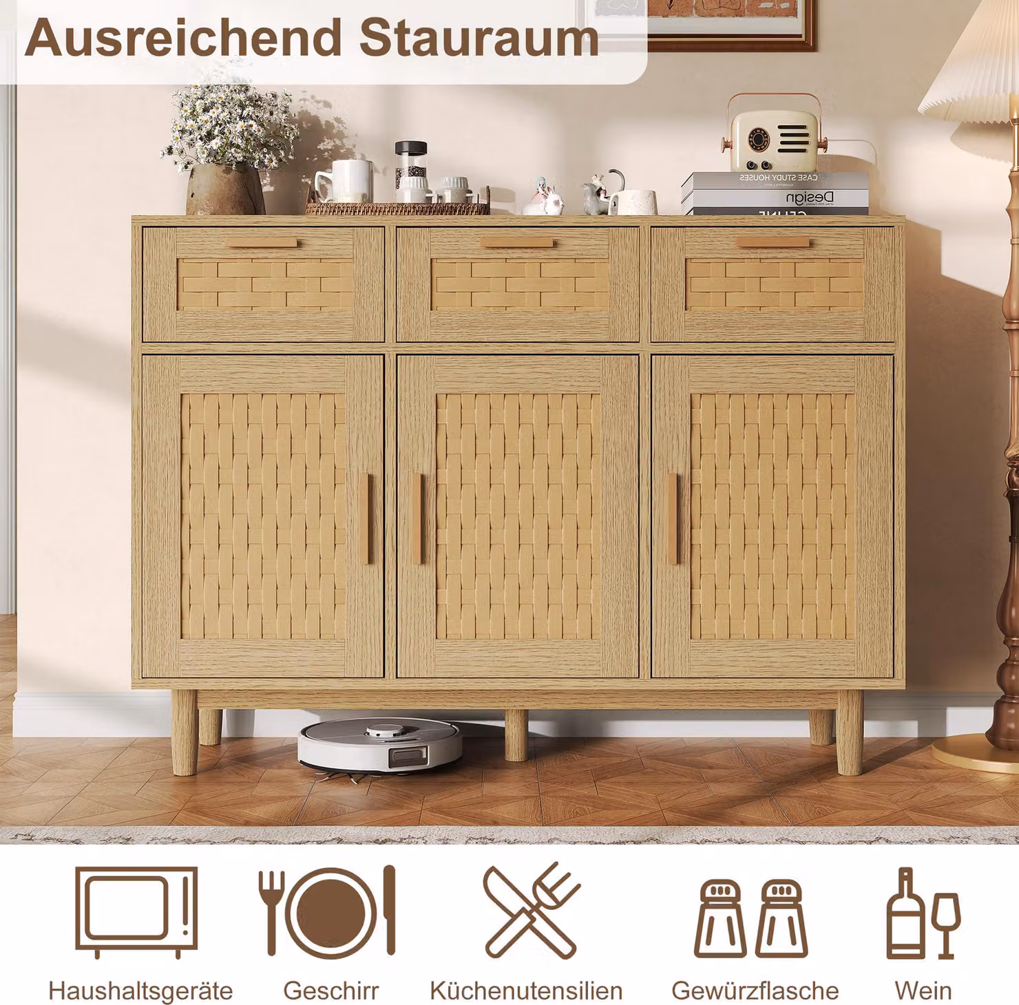 Credenza UnboxG con 3 cassetti e 3 ante in finitura rovere e finto rattan in PVC, dimensioni 107,9 x 40 x 80 cm, mobile contenitore robusto per soggiorno, sala da pranzo e ingresso