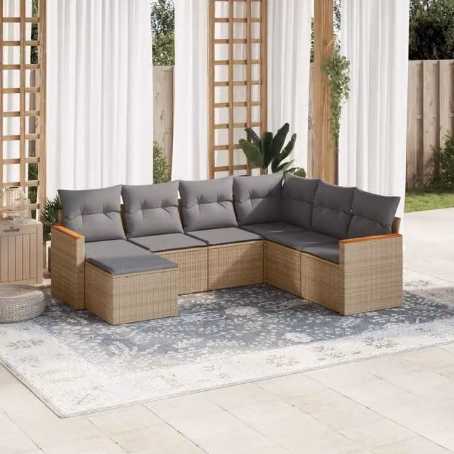 vidaXL Set Divani da Giardino 7 pz a Forma di L in Polyrattan con Cuscini Beige e Grigio – 1