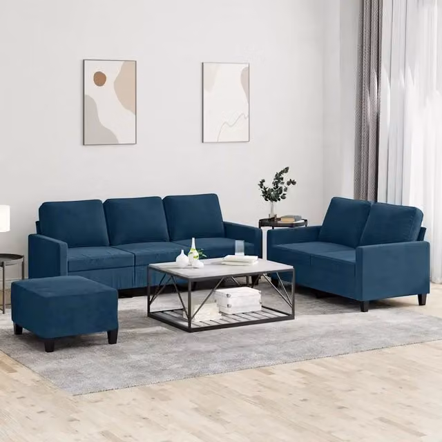 Set di divani vidaXL in velluto blu composto da divano a 3 posti, divano a 2 posti e pouf con cuscini inclusi – 1
