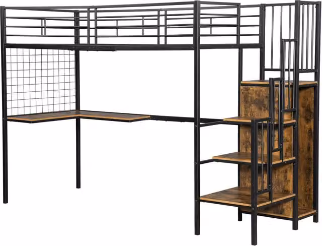 Letto a soppalco per bambini e ragazzi con scrivania, armadio integrato e scala laterale, struttura in metallo nero, materasso 90x200 cm