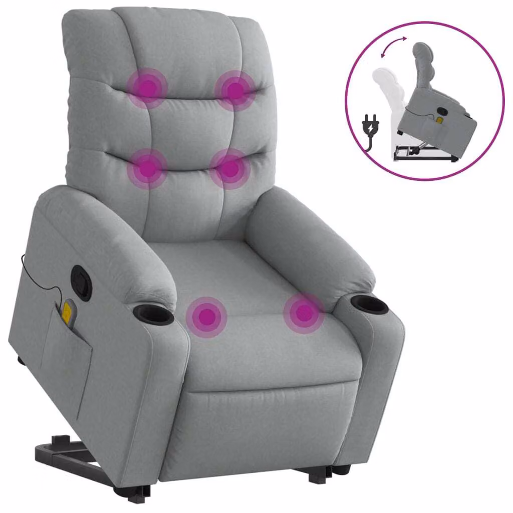 Poltrona Alzapersona Massaggi Reclinabile Grigio Chiaro Tessuto