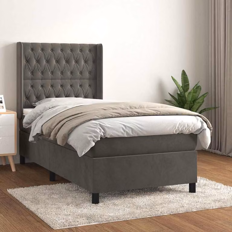 vidaXL Giroletto a Molle con Materasso Ibrido in Velluto Grigio, L/P/H: 90 x 200 cm