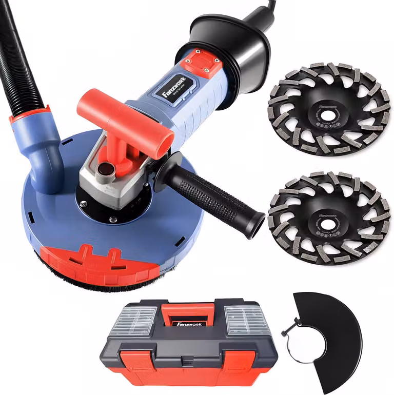 Levigatrice per calcestruzzo da 2100 W con diametro di 180 mm, inclusa una spazzola diamantata premium da 180 mm (2 pezzi), aspiratore e maniglia a forma di T