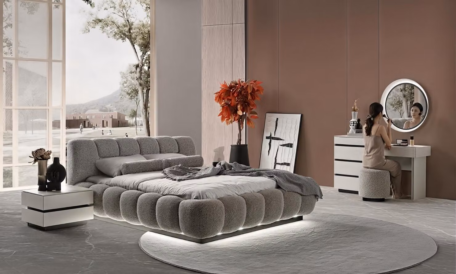 Set per camera da letto: letto, 2 comodini, tavolino da trucco, specchio da parete, poggiapiedi