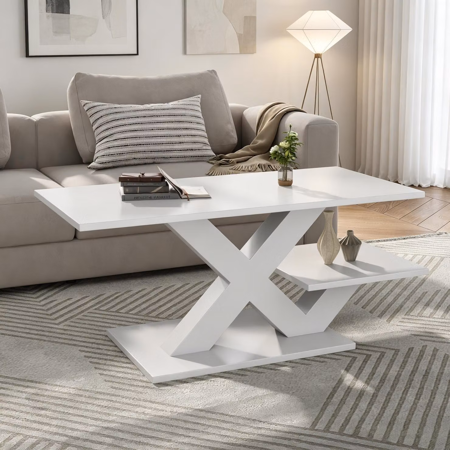 Tavolino da divano STILVORA con doppio piano in finitura lucida, gambe a forma di "X" in MDF, tavolino per soggiorno, colore bianco