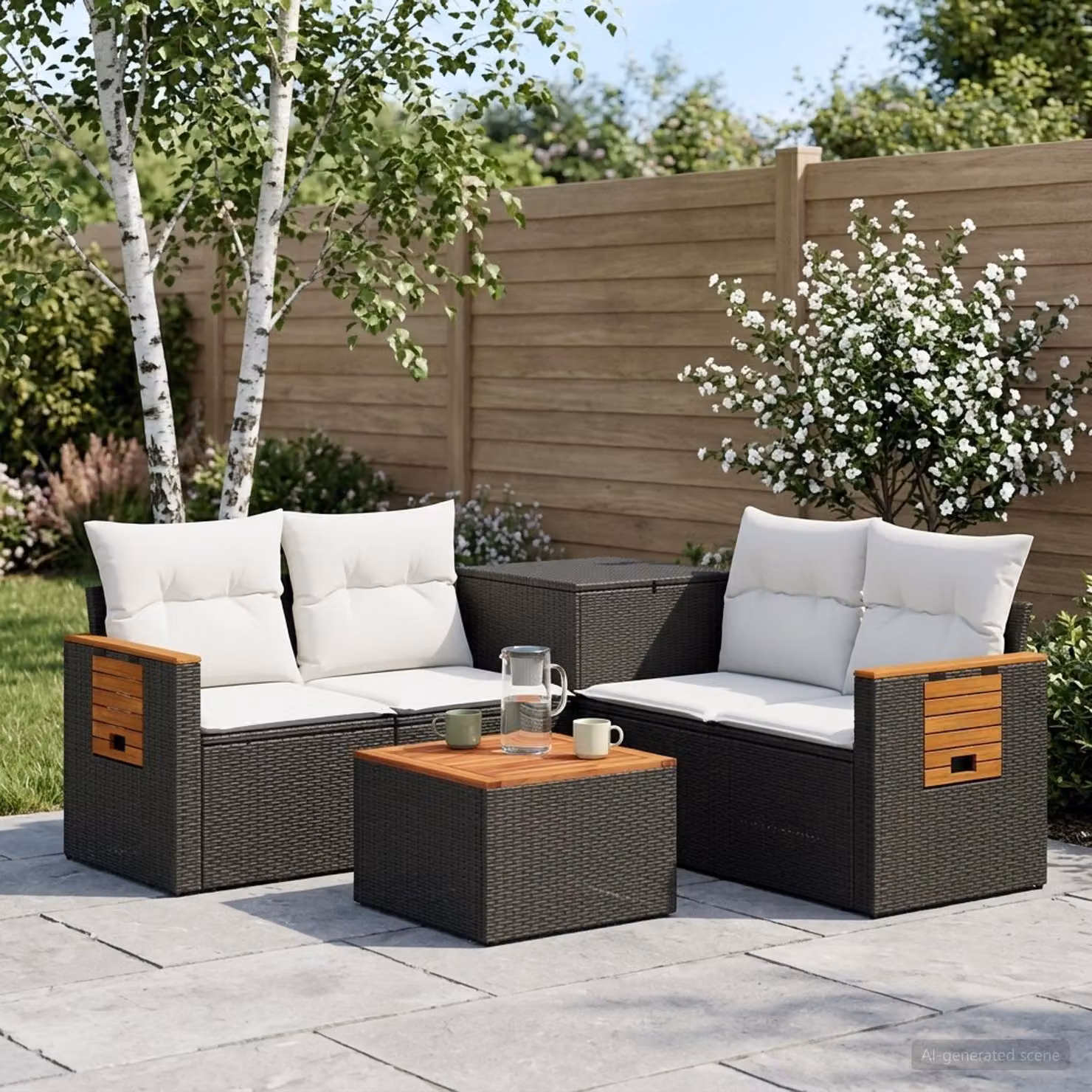 Set di mobili da giardino vidaXL in polyrattan nero e bianco con divani a L, tavolino da caffè e cuscini imbottiti