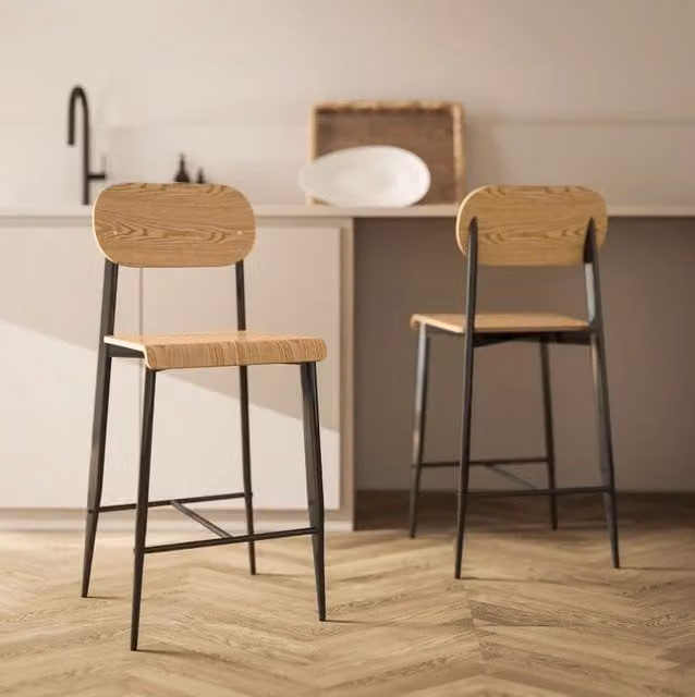 Set di 2 Sgabelli da Bar in Stile Industriale con Seduta in Legno e Struttura in Metallo Nero, Altezza Seduta 66 cm