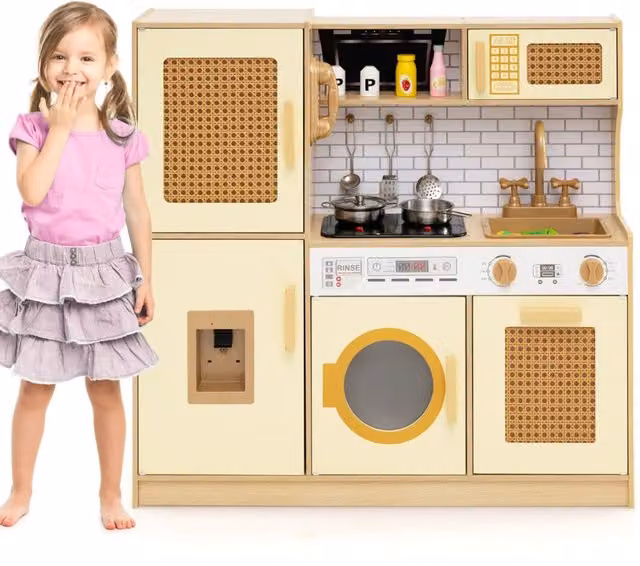 Set cucina giocattolo in legno con ante in rattan e accessori per bambini, Giallo – 1