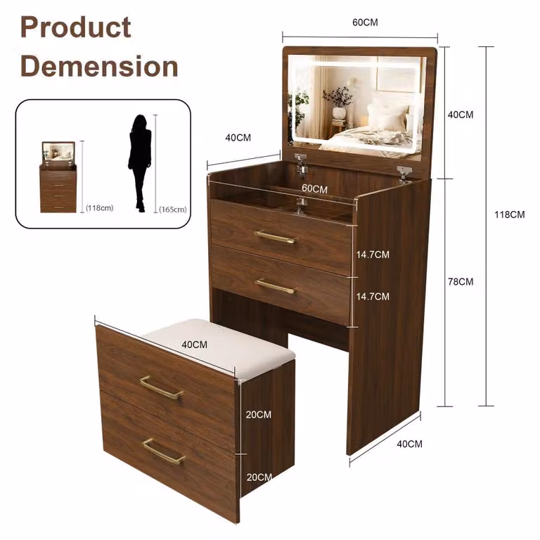 Comò da trucco - Tavolino multifunzione 3-in-1 - Specchio aperto - Piano in vetro trasparente - 3 cassetti - Design compatto - Dimensioni: 60 x 40 x 118 cm - Finitura noce + MDF