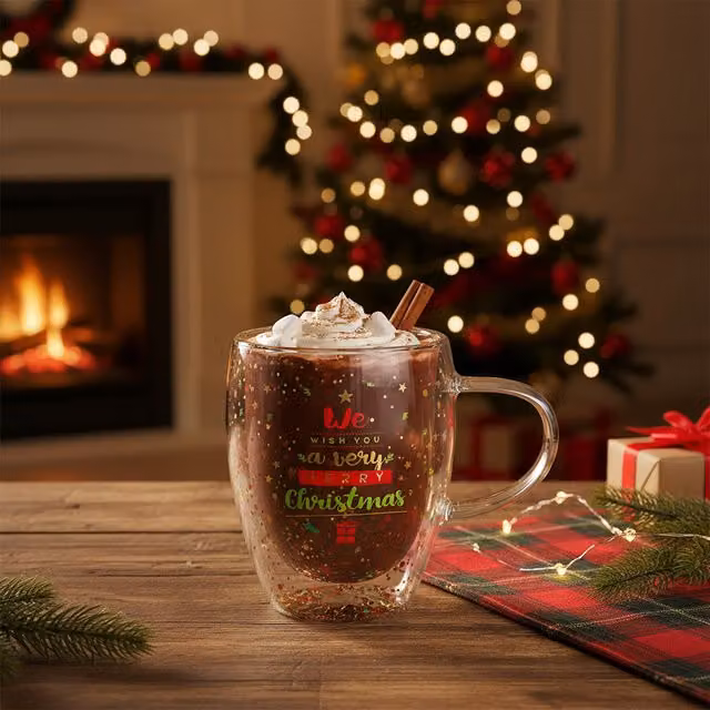 Tazza mug in vetro borosilicato Merry Christmas con glitter oro, 300 ml