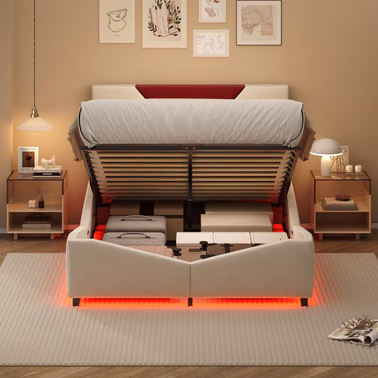 UnboxG Letto imbottito 140×190 cm Beige – Letto matrimoniale con sollevatore a gas, illuminazione a LED e ampio spazio di stivaggio sotto il letto, letto moderno in tessuto per camera da letto, salvaspazio, comodo e resistente