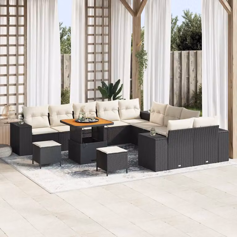 Set Divano da Giardino vidaXL 13 Pezzi con Cuscini Beige e Nero in Polyrattan e Acciaio