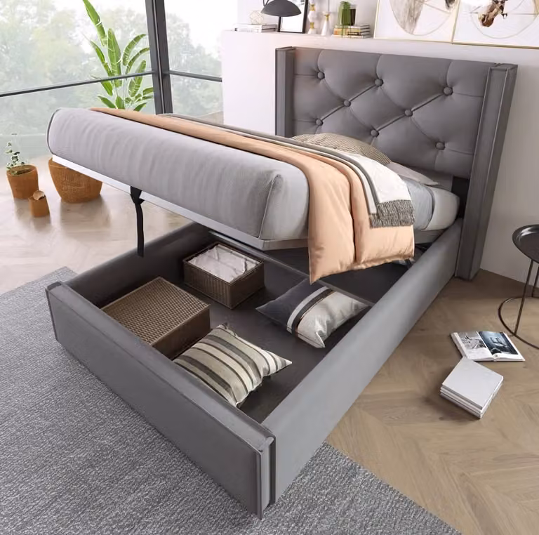 Letto singolo MODFU imbottito con contenitore e sollevamento idraulico, grigio, L/P/H: 90 x 200 cm