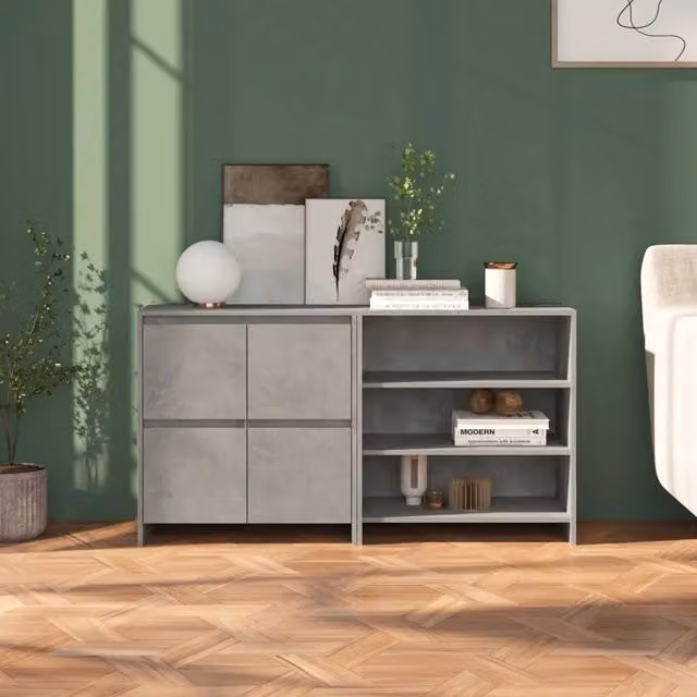 Set di 2 credenze moderne vidaXL in legno multistrato, colore grigio cemento, da appendere al muro – 1