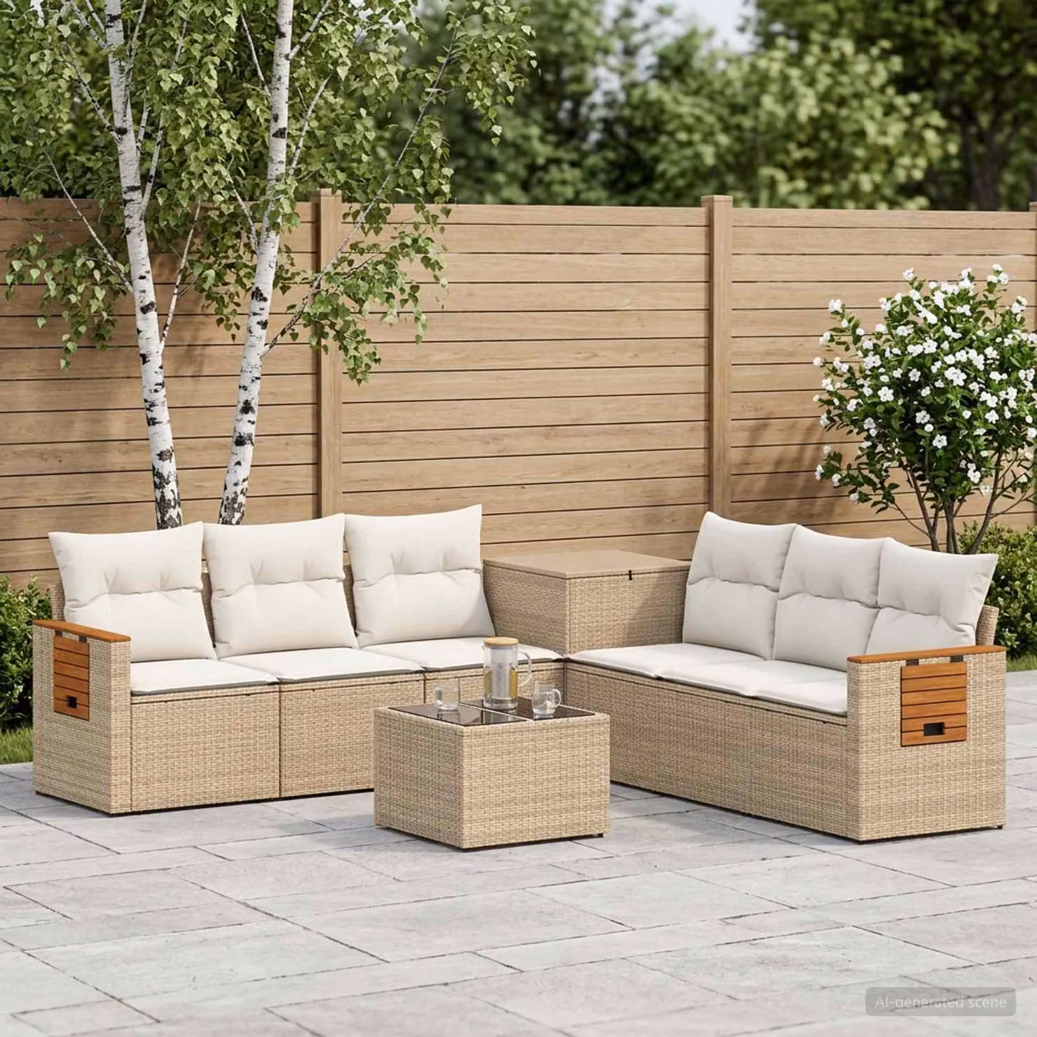 Set di divani da giardino vidaXL a forma di U composto da 8 pezzi in stile moderno, colore beige e bianco crema, con struttura in metallo e cuscini inclusi