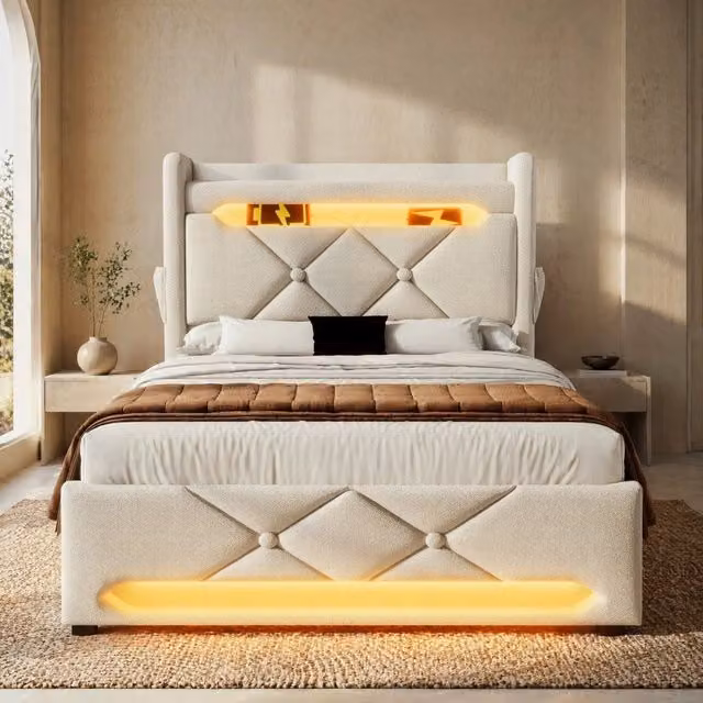 Letto singolo imbottito ULEVR 90x200 cm con materasso, contenitore idraulico, LED 360¡ã e ricarica USB-C, beige