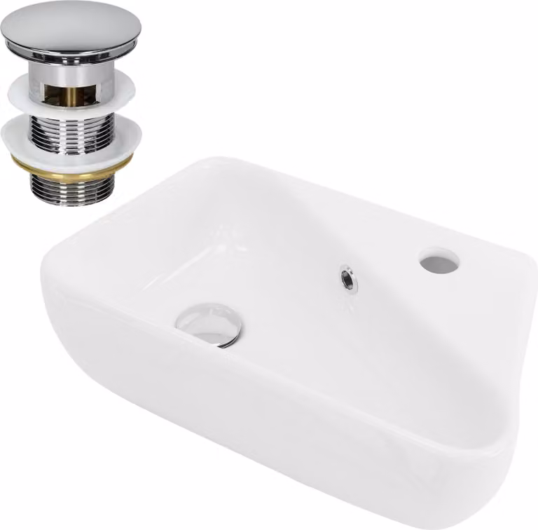 LuxeBath Lavabo da appoggio Angolare, 45x27x13 cm, bianco, Vetroceramica, foro per rubinetto a destra, incluso set di scarico con troppopieno